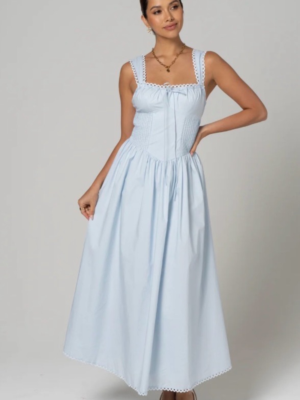 Light Blue Square-Neck Maxi Dress with Corset Bodice